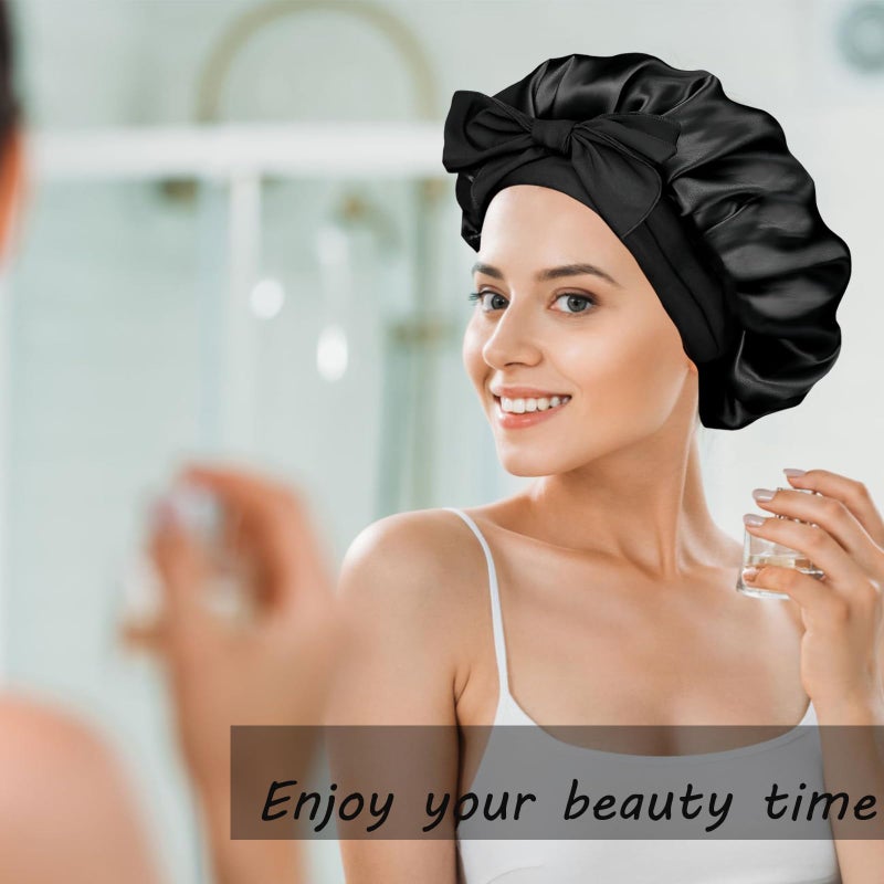 Confvrter Silk Bonnet Satin Hair Bonnet for Sleeping Large Bonnets with Tie Band Hair Wrap with Adjustable Straps Hair Cap for Women Curly Hair Black - Image 4